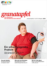 Das Bild zeigt das Cover des Granatapfel Magazins 5/2024 mit einem übergewichtigem Mann, dem der Blutdruck gemessen wird.